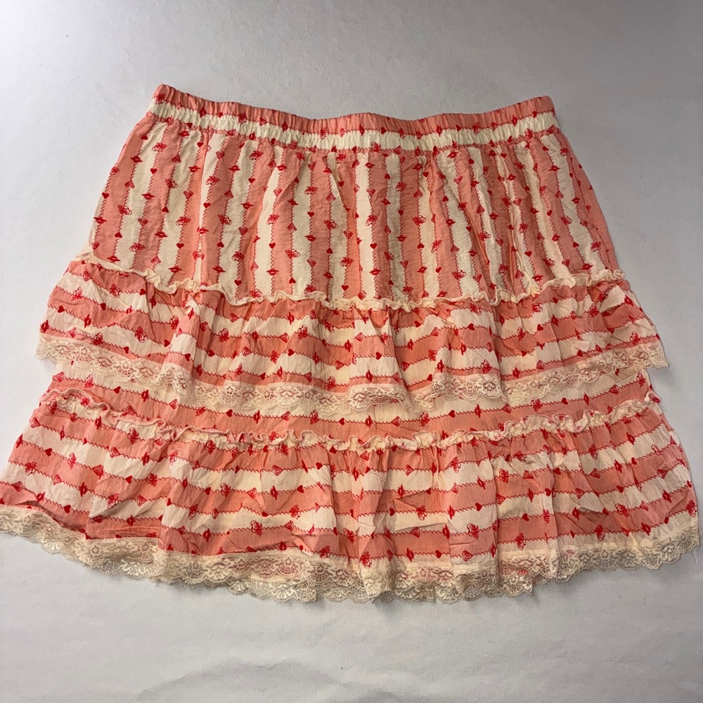 471 Regencycore Bridgerton Tiered Mini Skirt XXL Pink Heart Lace Trim